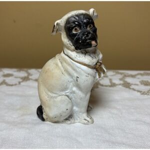 Antique Chalkware Pug Dog Figurine Black Mask Face‎ Gold Collar Tongue Out